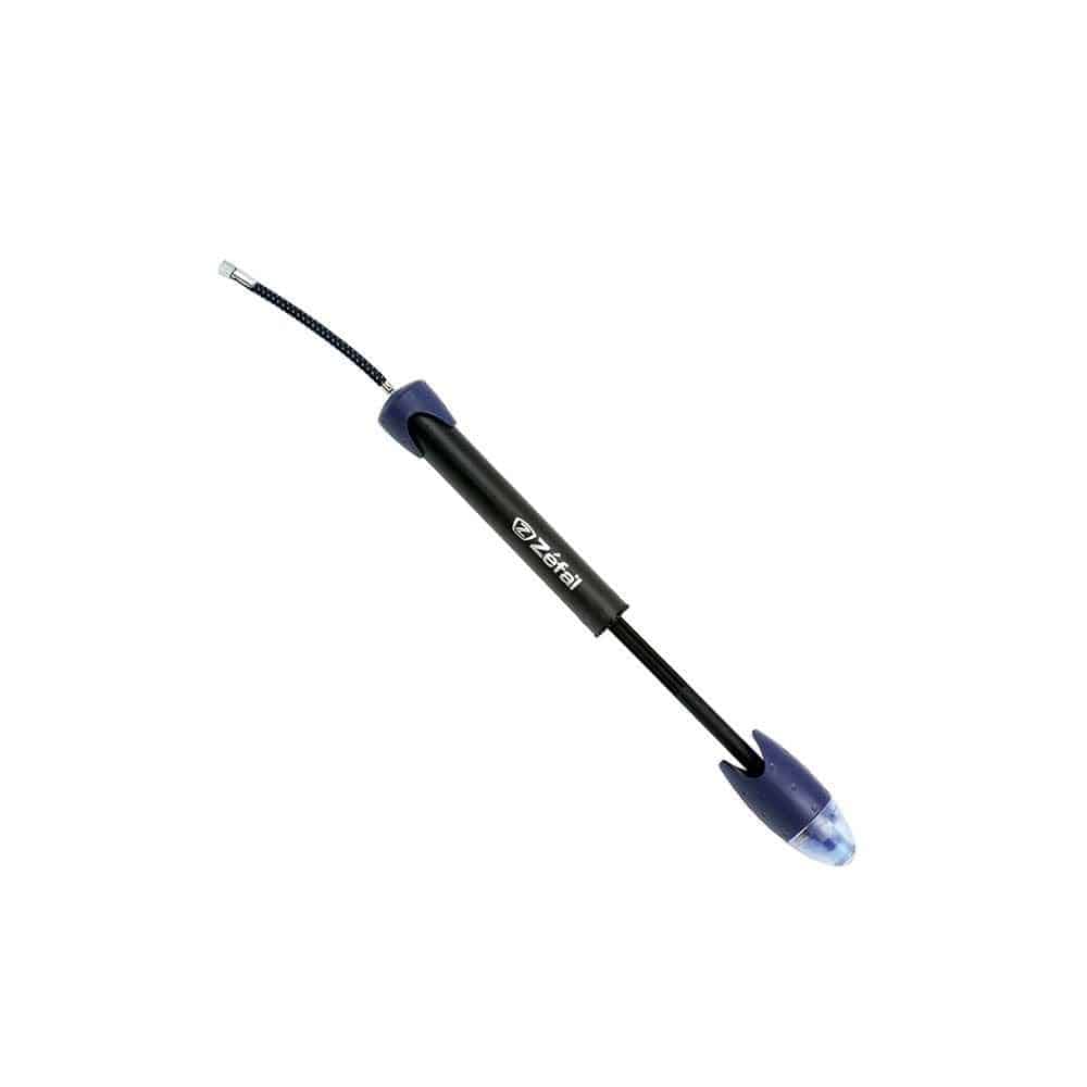 Zefal Max Blue/Black mini hand pump with flexible valve connection and accessories for bicycle tire inflation.