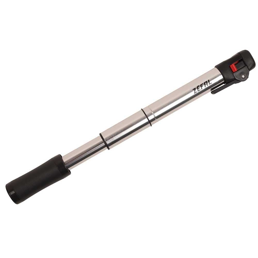 Zefal Switch Mini Silver bike hand pump with Presta, Schrader, and Dunlop valve adapters for cycling accessories.