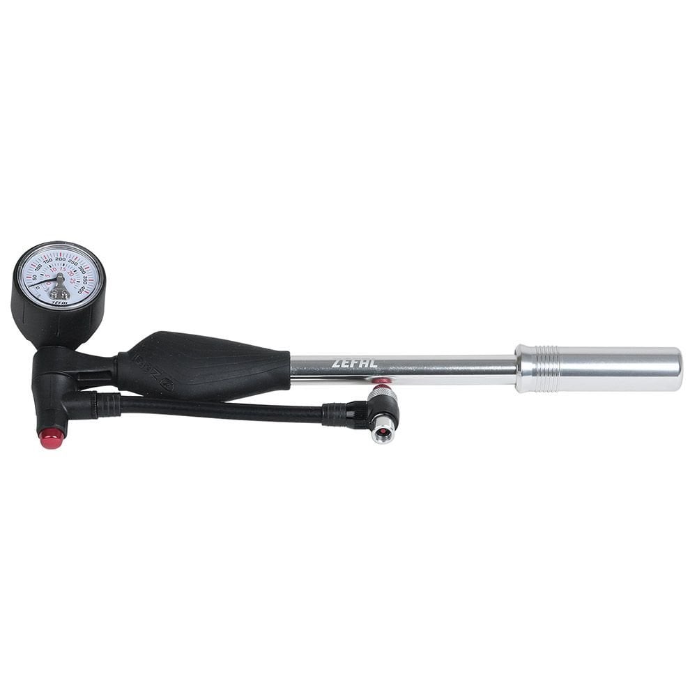 Zefal Z-Shock MTB suspension pump with pressure gauge for forks and shocks, black, compact bike accessories.