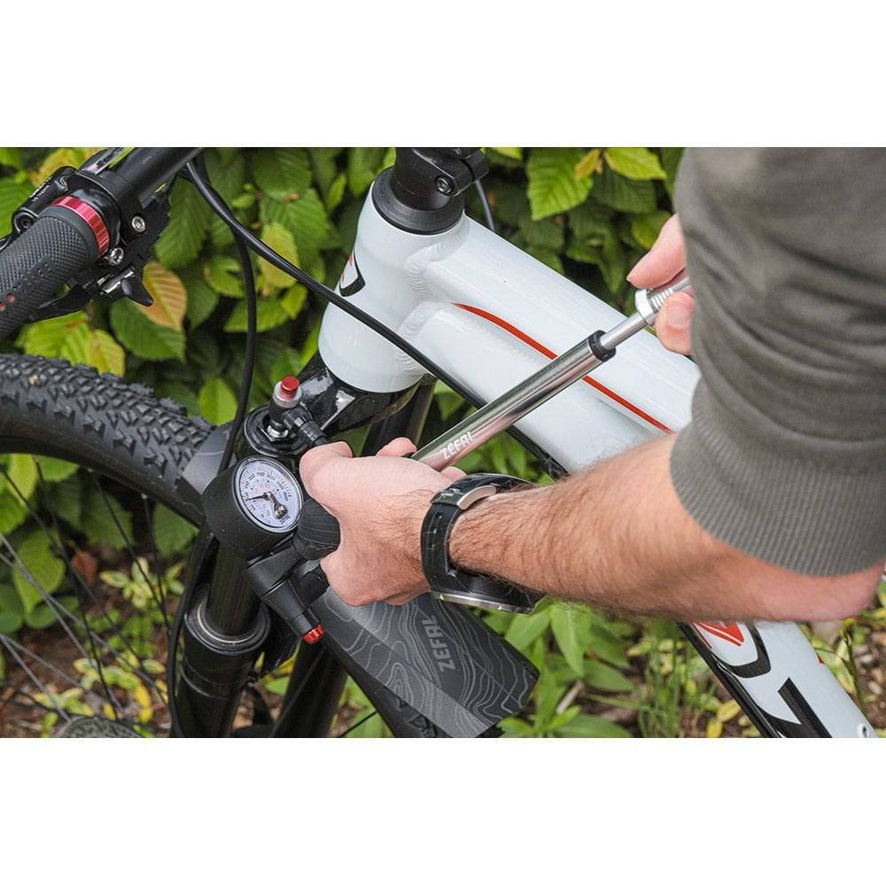 Zefal Z-Shock MTB suspension pump with pressure gauge for forks and shocks, compact bike accessories for accurate inflation.