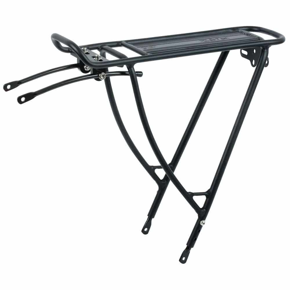 Zefal Raider R50 rear bike rack with adjustable fit for 26", 27.5", 700c, and 29" wheels, mounted on a bicycle.