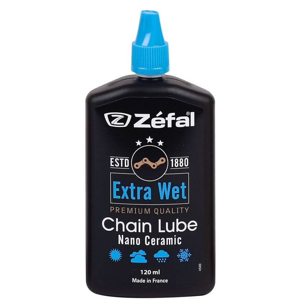 Zefal Extra Wet Ceramic Bike Chain Lubricant bottle for all weather conditions on a workshop surface