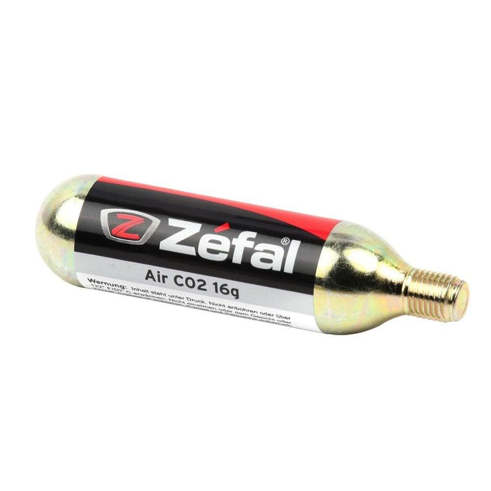 Zefal 16g threaded CO2 cartridges for bike tire inflation, shown with mounting accessories and spares for cycling.