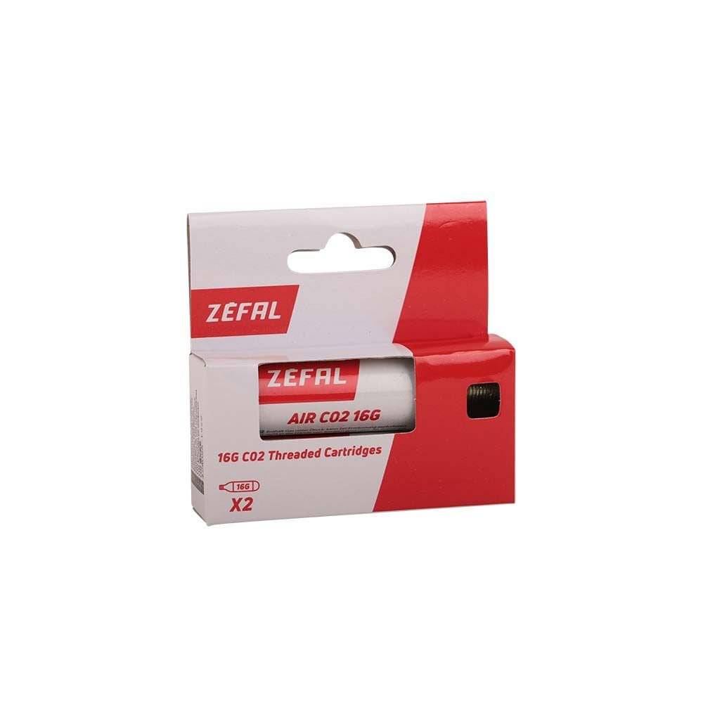 Zefal 16g threaded CO2 cartridges for bike tire inflation, shown with mounting accessories and spares for easy use.