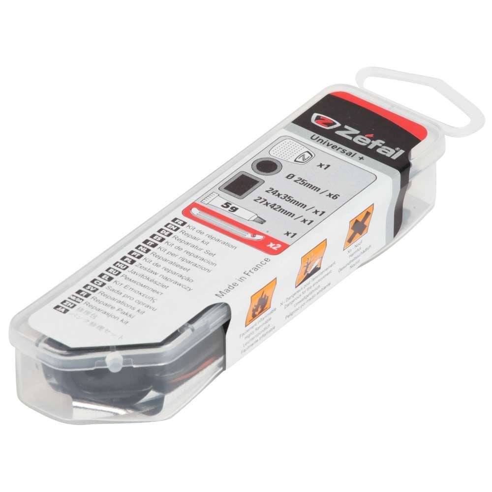 Zefal universal bike puncture repair kit with patches, cement, and grater for bike maintenance and repairs.