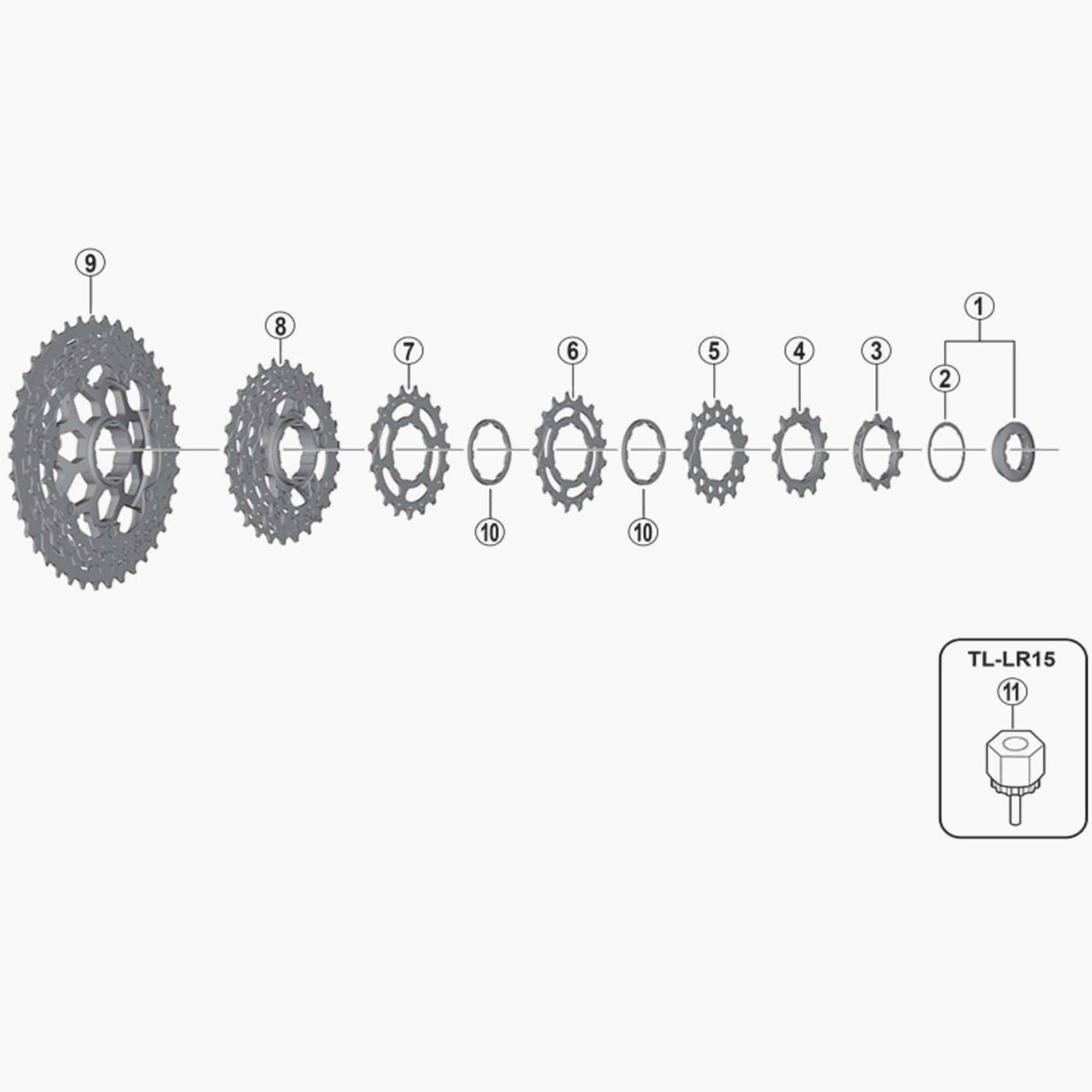 Shimano CS-M8000 lock ring and spacer for cassette maintenance, showcasing replacement components for bike gear systems.