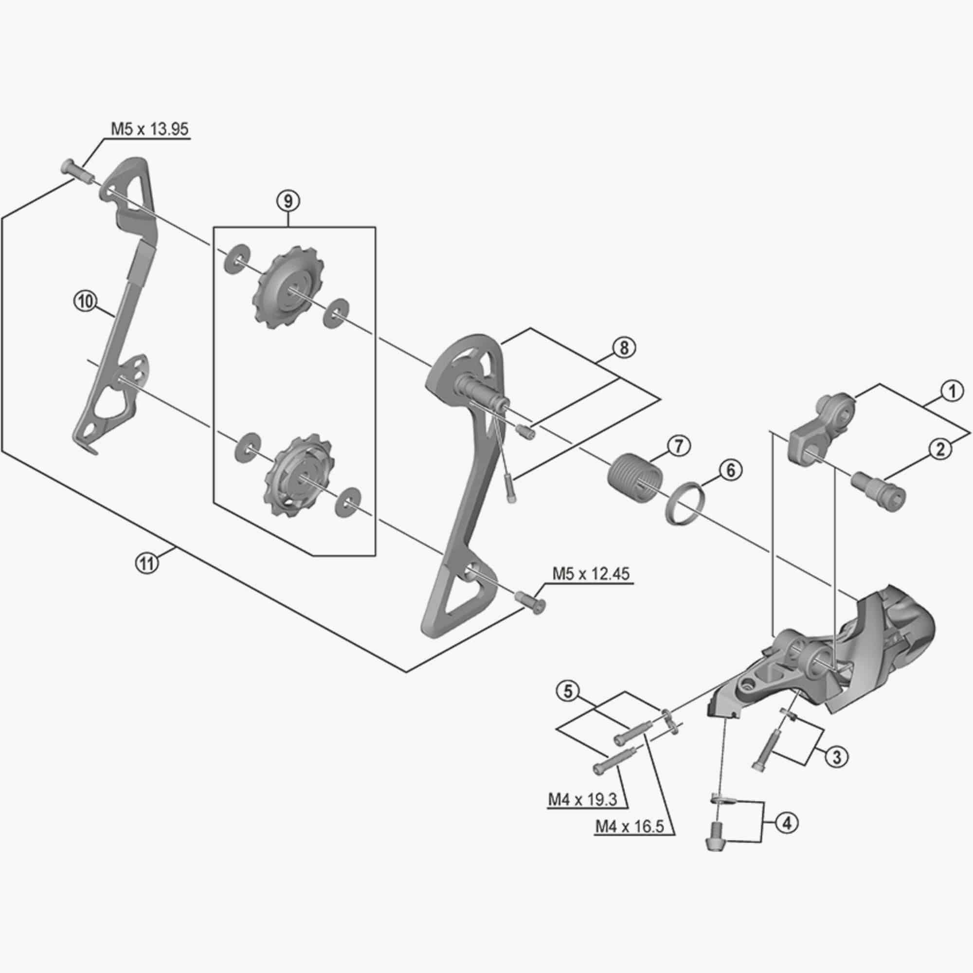 Shimano Spares RD-T8000 bracket axle unit for front derailleur, bicycle component, with detailed metal parts and mounting points.