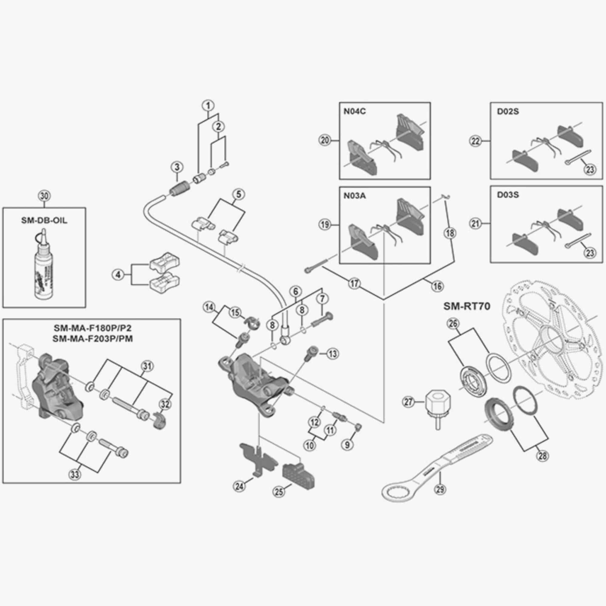 Shimano BR-M7000 brake pad axle and snap ring replacement components for mountain bike disc brakes.