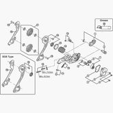 Shimano Spares RD-M781 bracket axle unit for rear derailleur replacement, shown with metal components and mounting details.