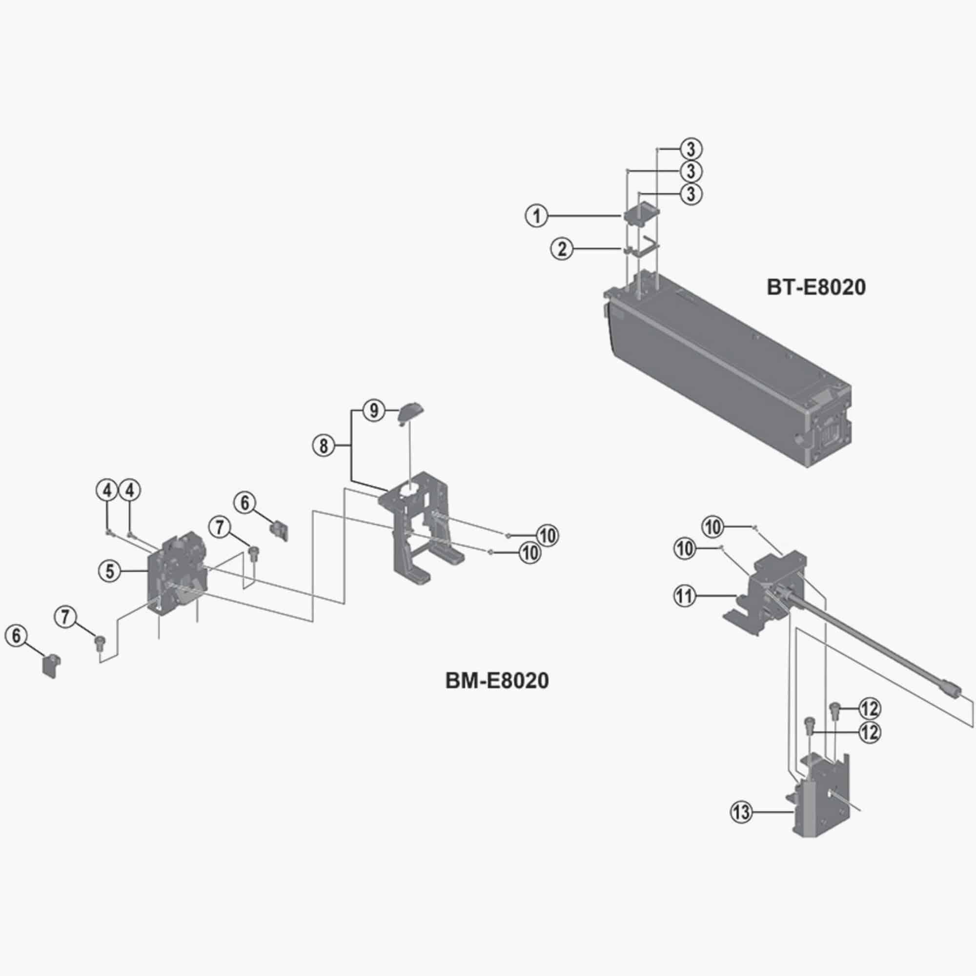 Shimano Spares BM-E8020 rail assembly for brake system replacement, showing the genuine component with metal rail and mounting parts.