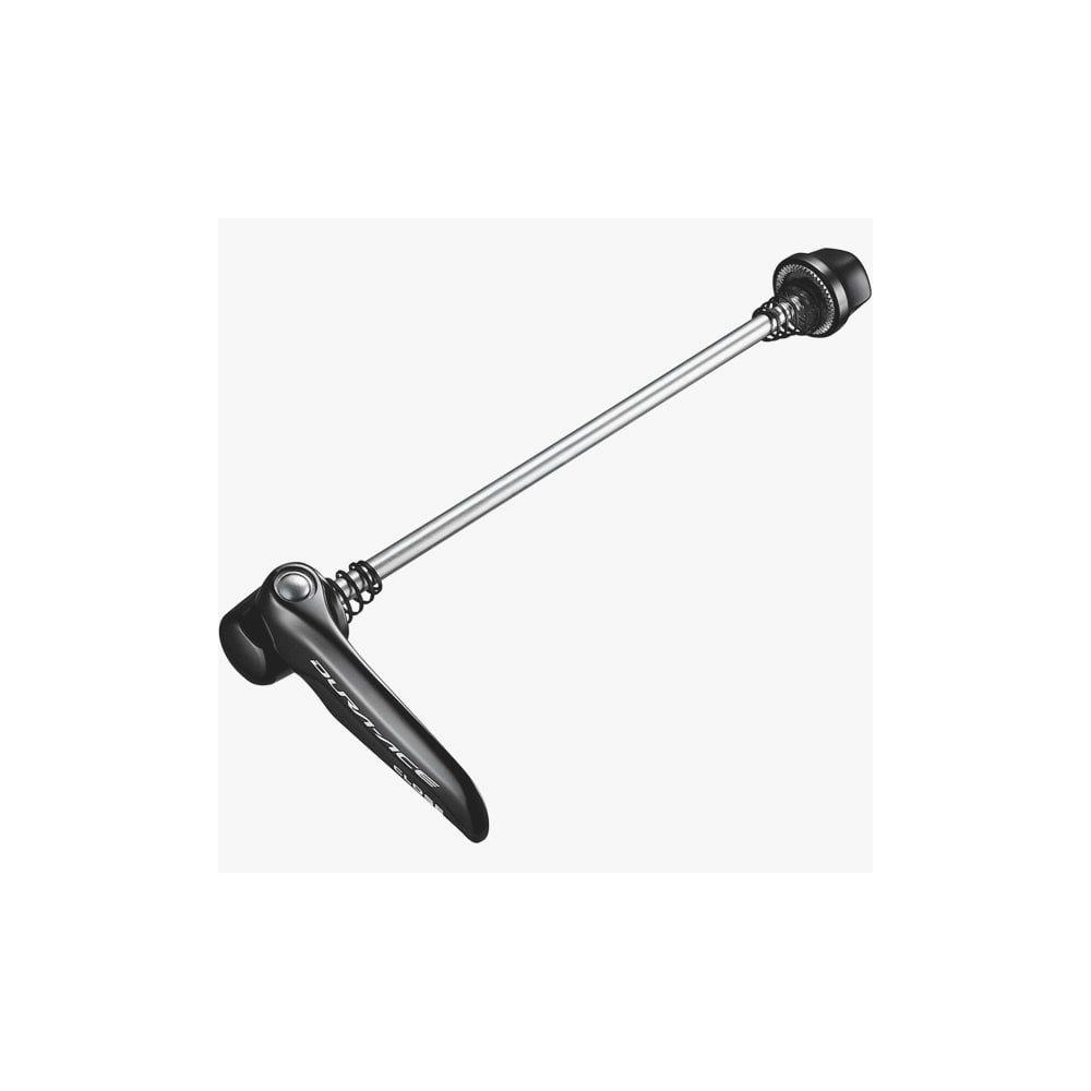 Shimano WH-R9100 quick release for road bike wheels, 163mm spare component, shown on a bicycle wheel.