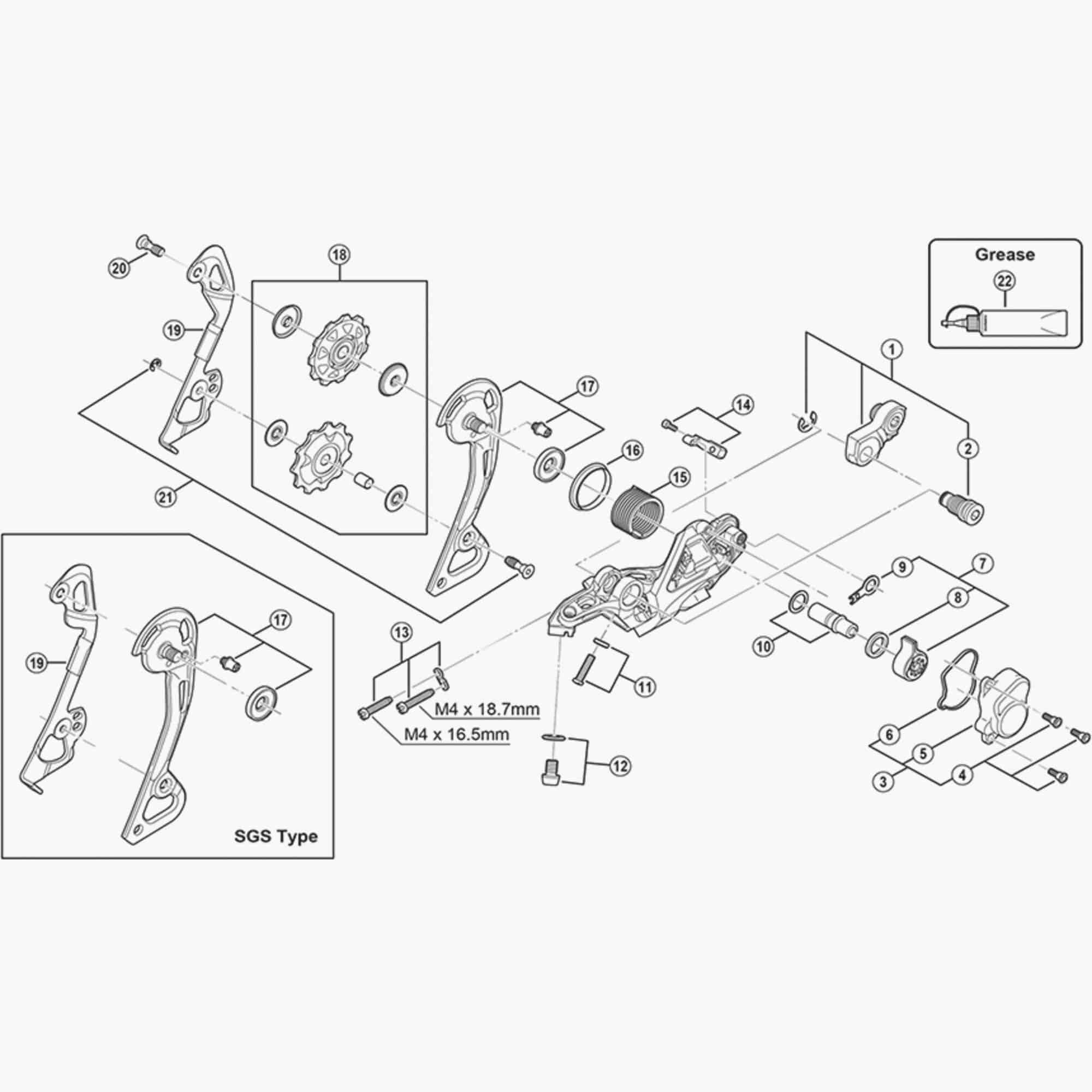 Shimano RD-M985 SGS rear derailleur outer plate assembly, bike component spare part with metal finish and mounting hardware.