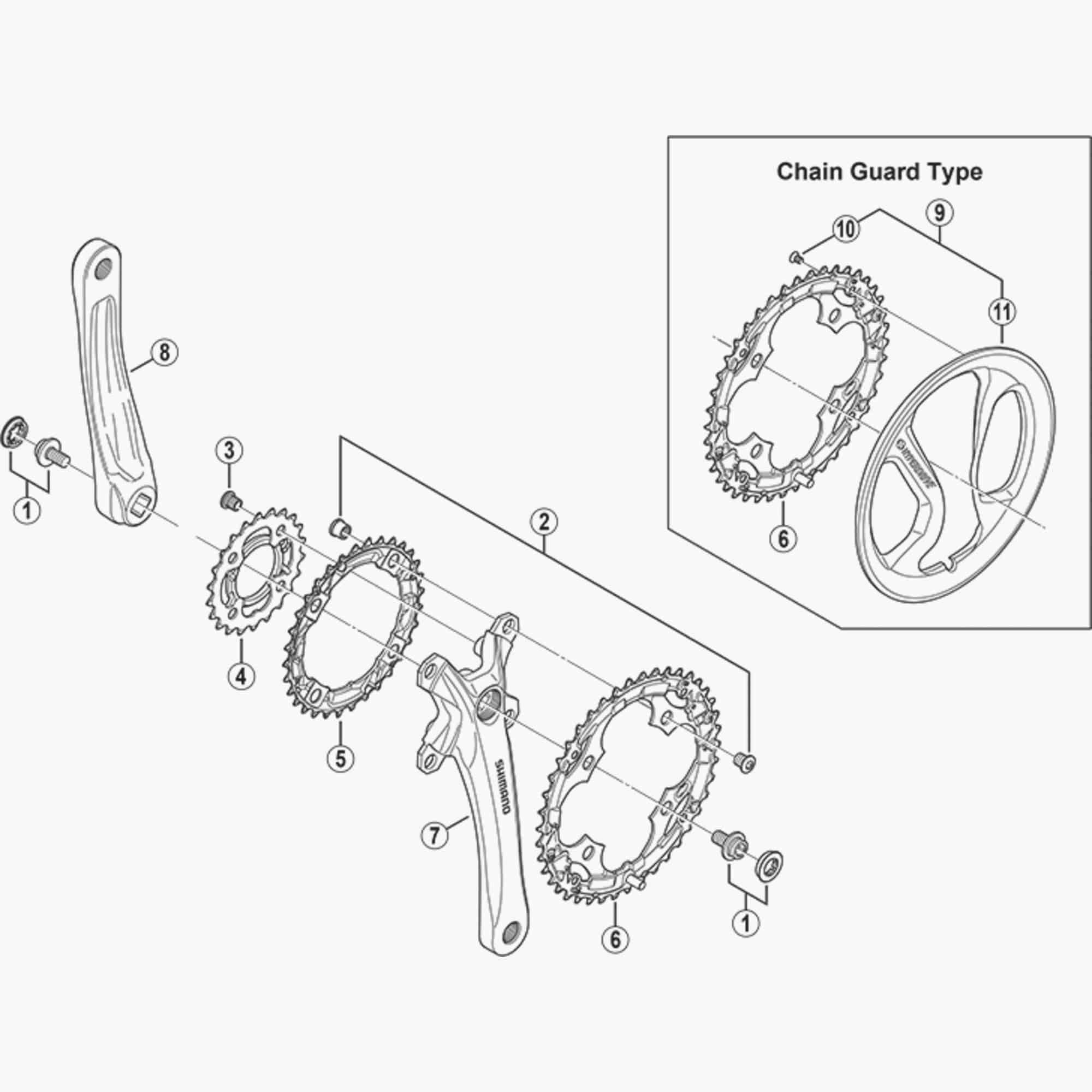 Shimano FC-M540 double chainring fixing bolts and nuts set, M8 x 8.5mm, for bicycle components, four-piece kit.