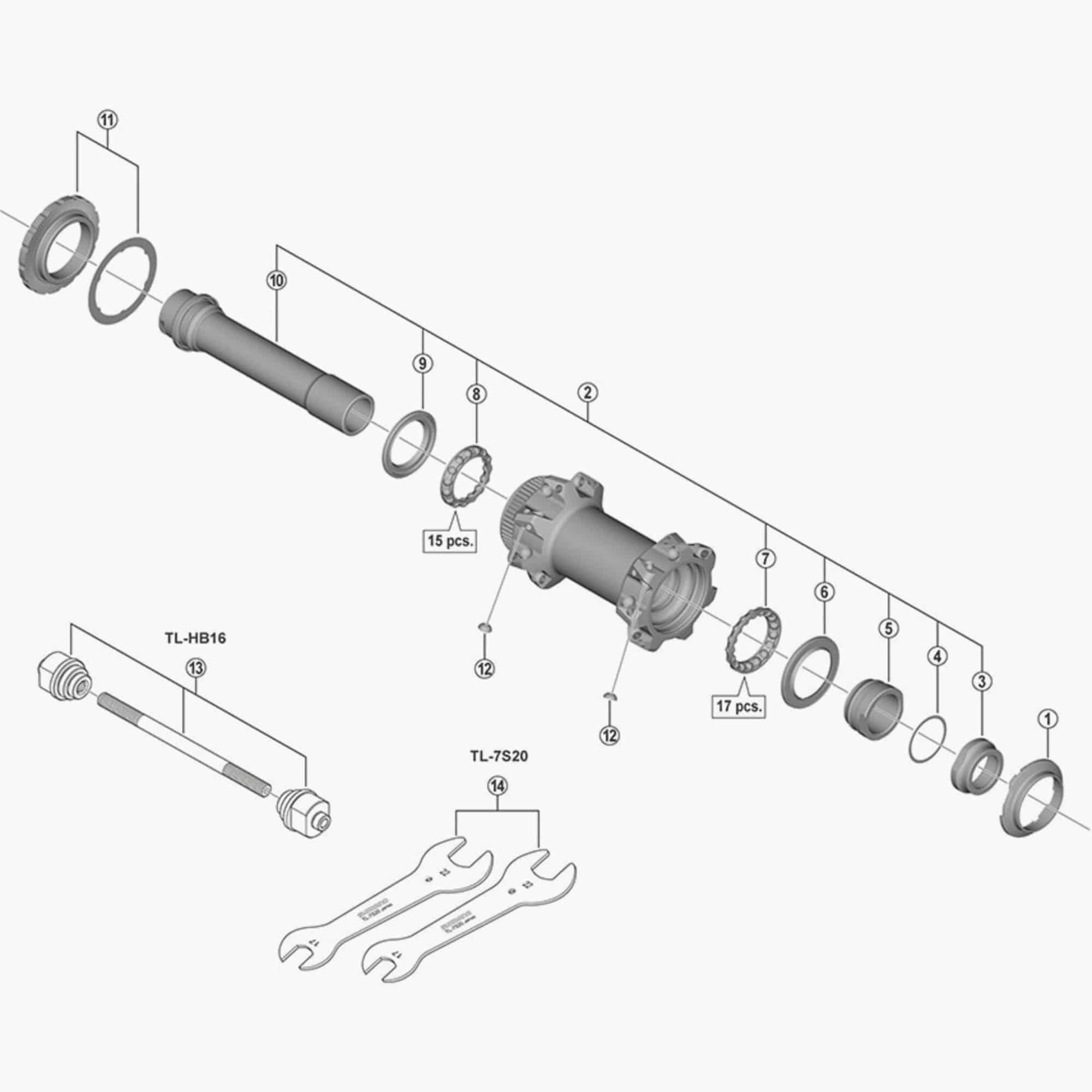 Shimano Spares HB-MT900-BS complete hub axle, 110mm replacement part for mountain bike wheel components.