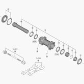 Shimano Spares HB-MT900-BS 110mm complete hub axle for mountain bike wheel replacement, showing the sturdy metal component.