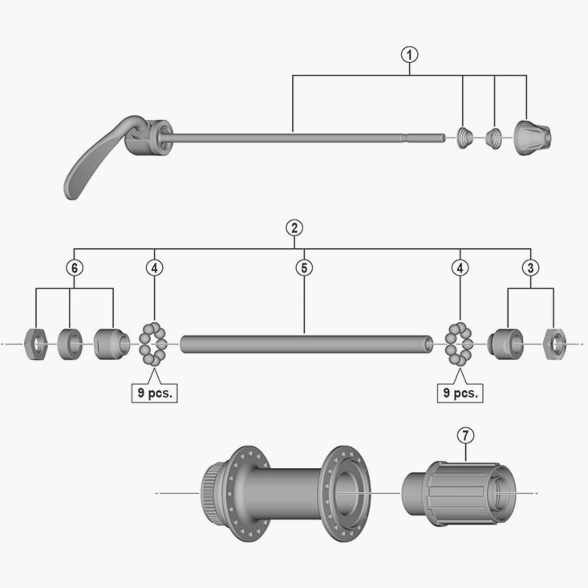 Shimano FH-MT200-B complete hub axle replacement for Shimano wheel components, showing the axle and internal parts.