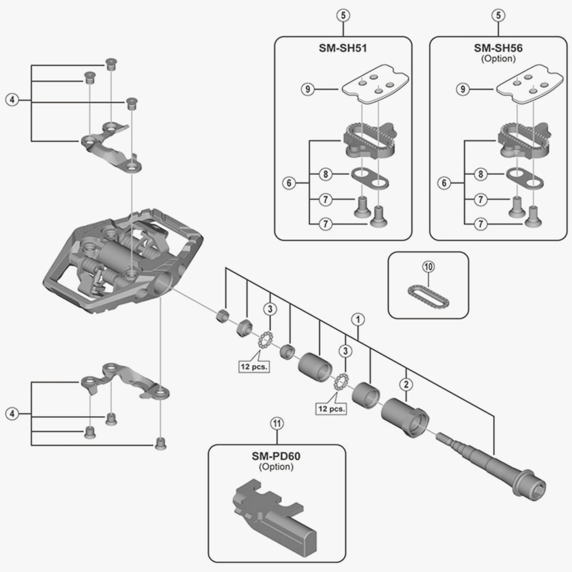 Shimano PD-M8120 right hand pedal axle assembly replacement component, showing the metal spindle and mounting details.