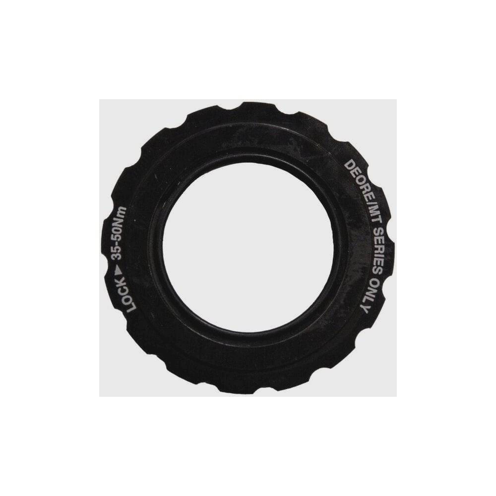 Shimano FC-M6100-1 lock ring and washer for crankset maintenance, compatible with Shimano components, shown on a white background.