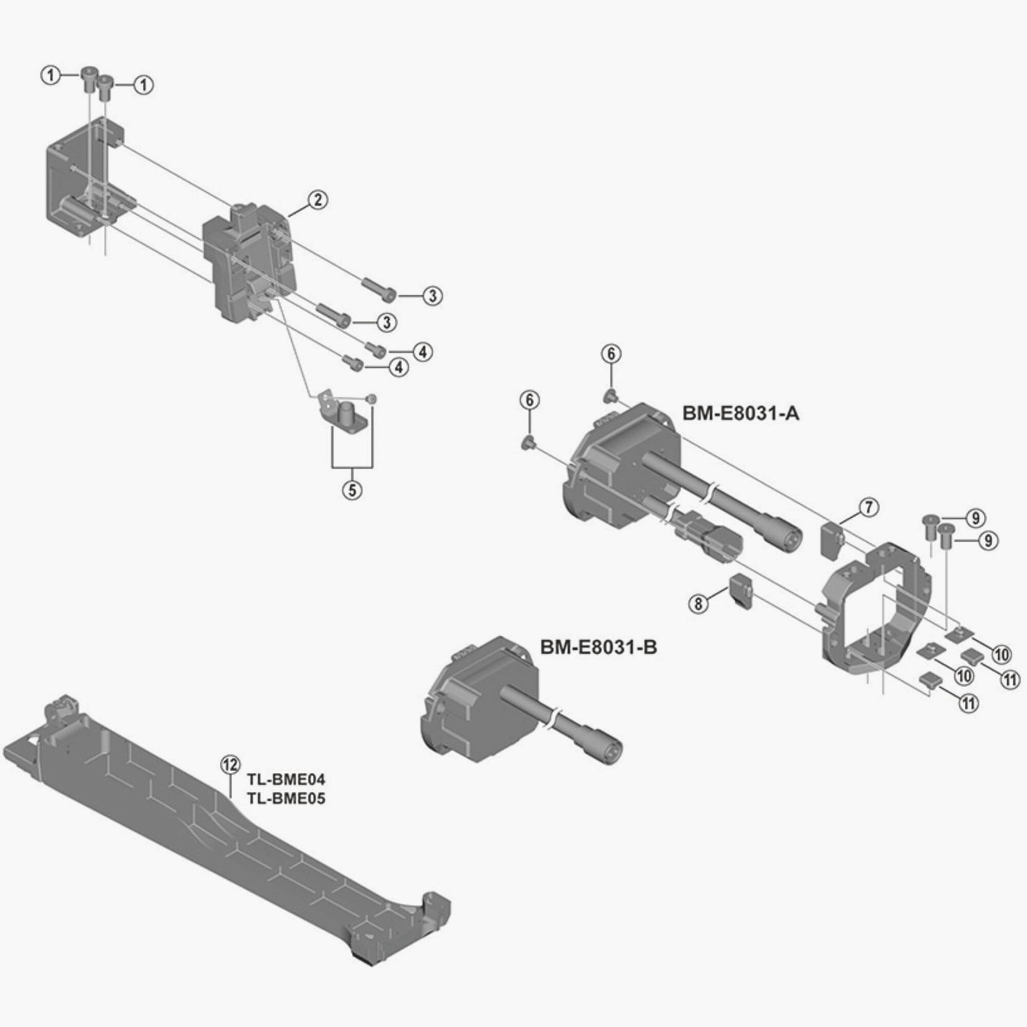 Shimano Spares BM-E8031 upper mount unit for e-bike transmission systems, showing the metal component with mounting holes.