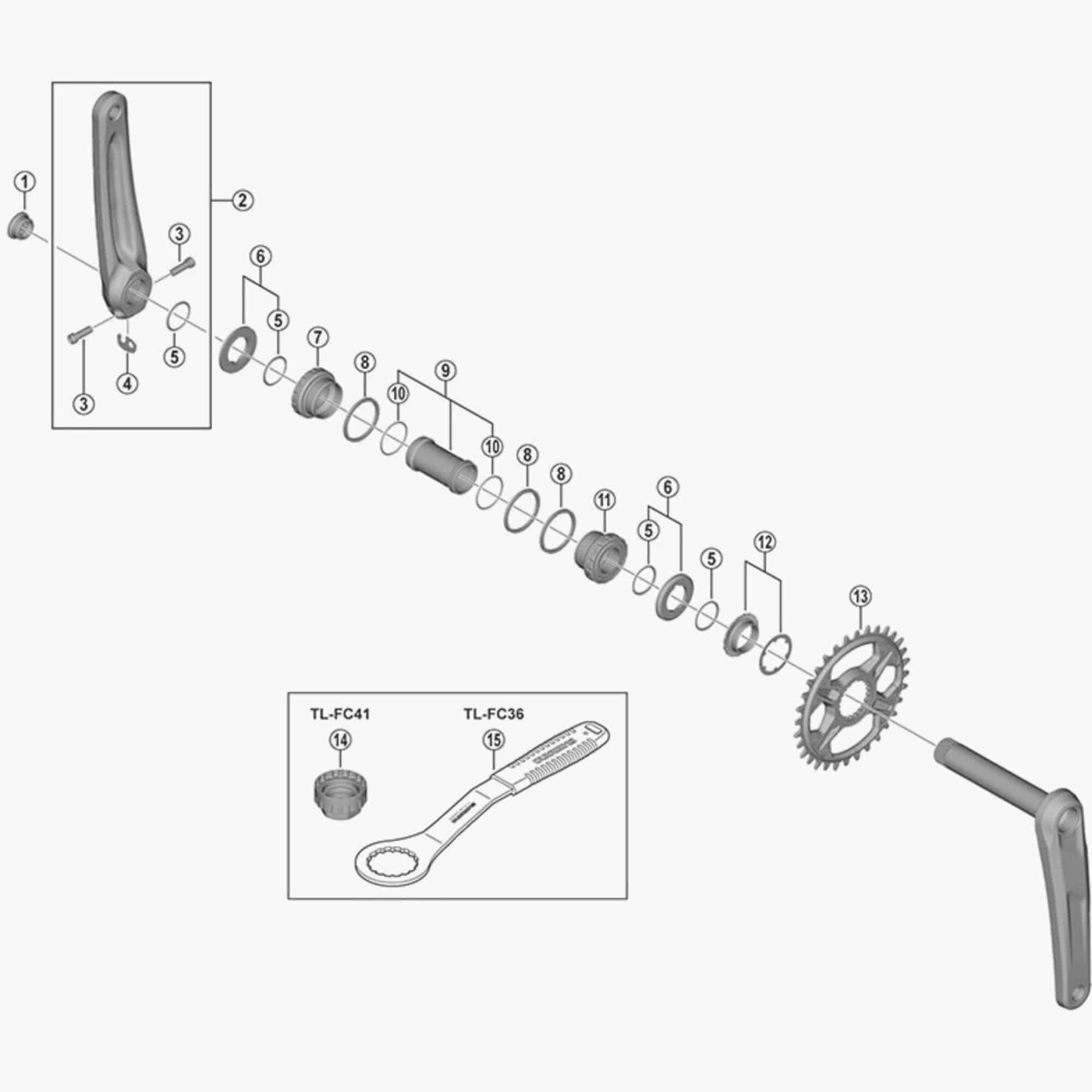 Shimano FC-M6130 spacer and ring replacement parts for crankset, showcasing metal components for bicycle performance.