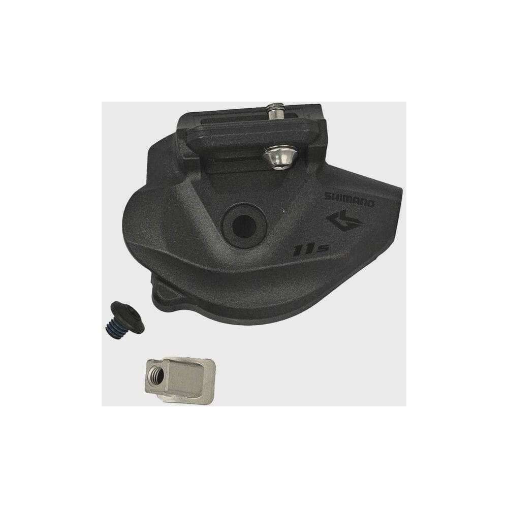 Shimano SL-M8130-I R11 right hand base cover for shifter component, replacement part, black plastic with branding details.