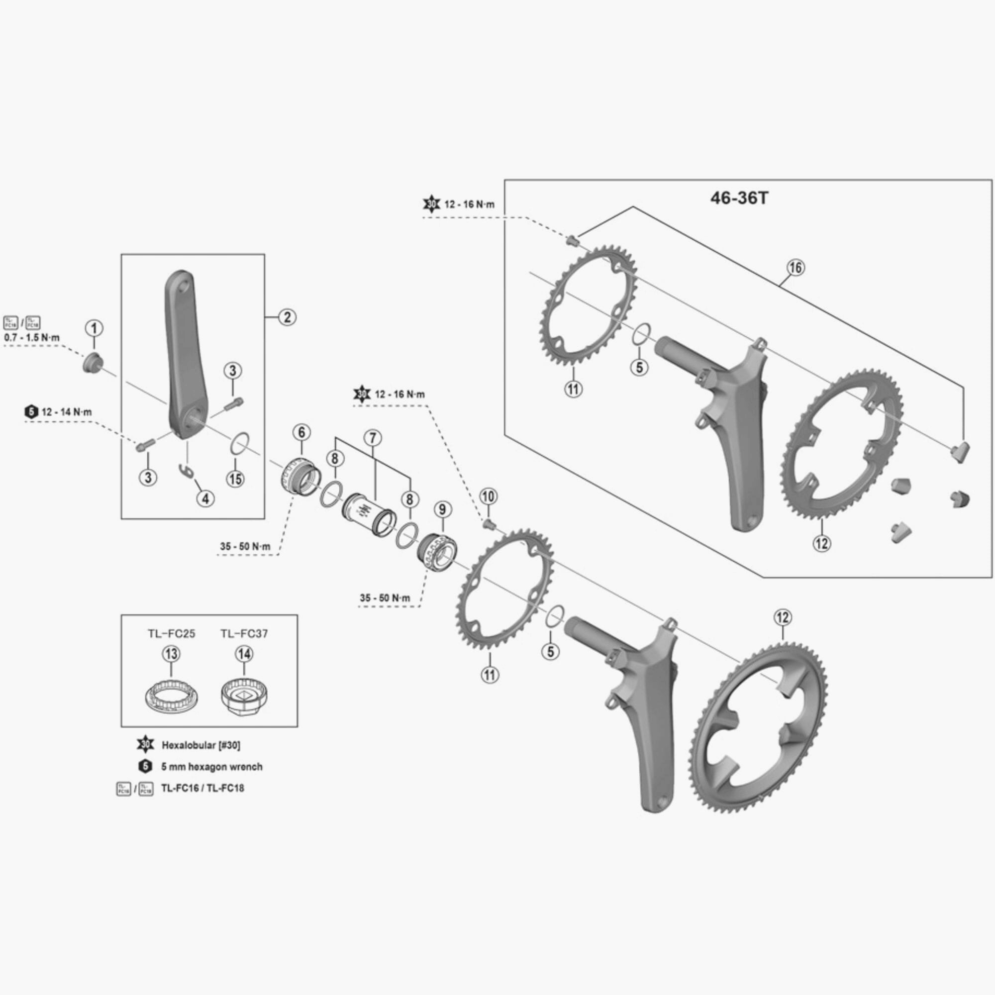 Shimano FC-R8100 fixing bolt and cover set for 46-36T chainrings, M8 x 10.1mm, cycling component parts.