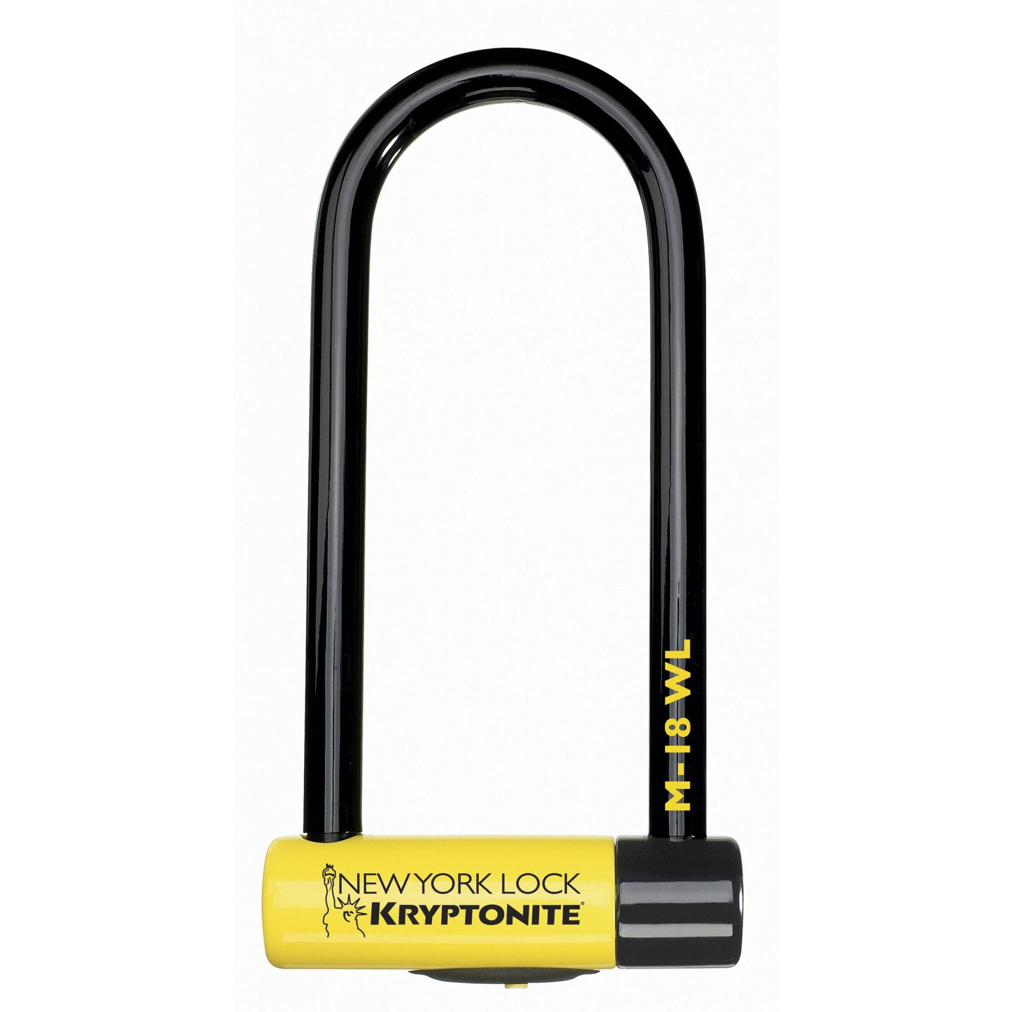 Kryptonite New York M18 U-Lock with double deadbolt security, sold Secure Diamond rated bike lock attached to a bicycle frame