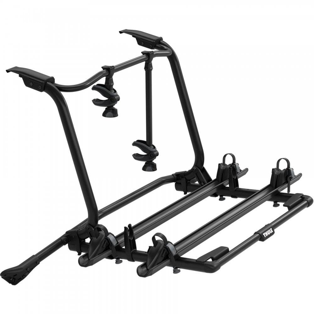 Thule WanderWay rear-mount 2-bike carrier attached to Volkswagen T6 van, showing bike racks and mounting hardware.