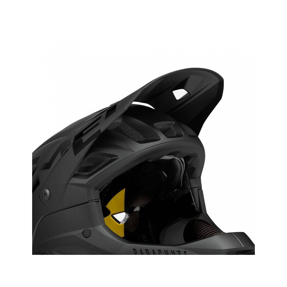Black MET Parachute MCR helmet visor for small/medium helmets, genuine spare part, shown attached to the helmet.