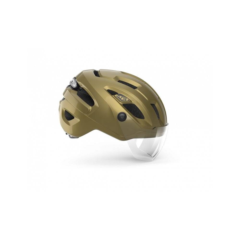 MET Intercity MIPS helmet with adjustable visor, LED light, and NTA 8776 safety certification for cycling safety.
