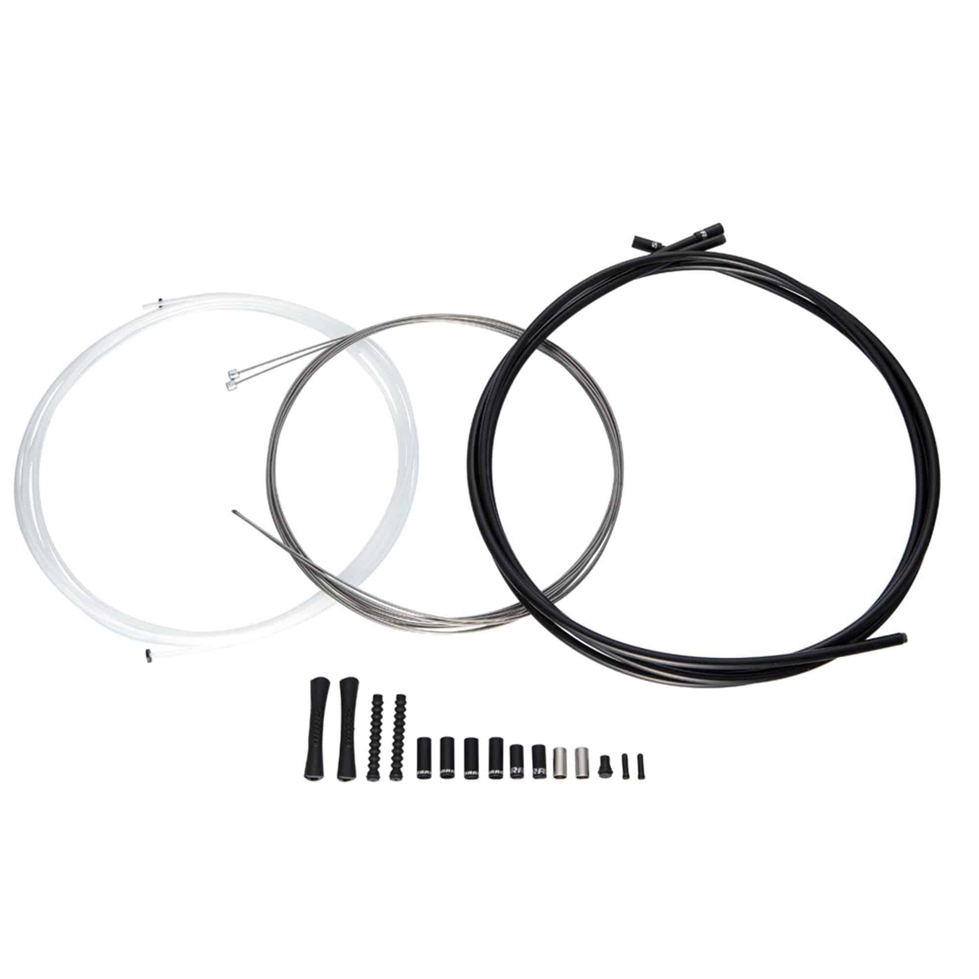 SRAM 1x MTB and road shift cable kit with black SlickWire housing and ferrules, includes 4mm cables for bike gear shifting.