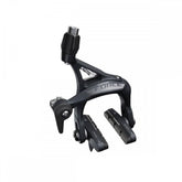 SRAM Force D1 road bike brake caliper with SwissStop pads and 28c tire clearance, front view showing brake arms and mounting hardware.