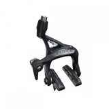SRAM Force D1 road bike brake caliper with SwissStop pads and 28c tire clearance, front view showing brake arms and mounting hardware.