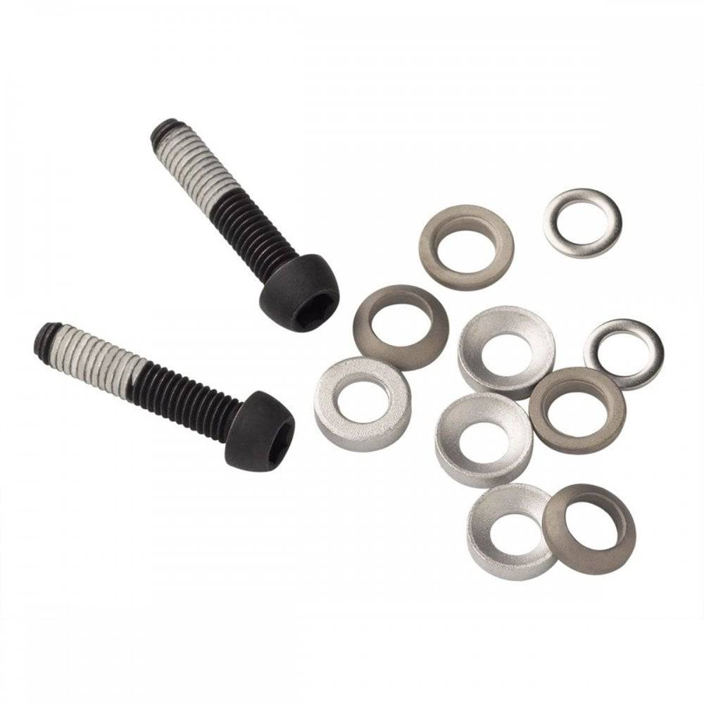 Pair of SRAM Road Titanium T25 17mm flat mount caliper bracket mounting bolts, durable titanium components for bike brake setup.