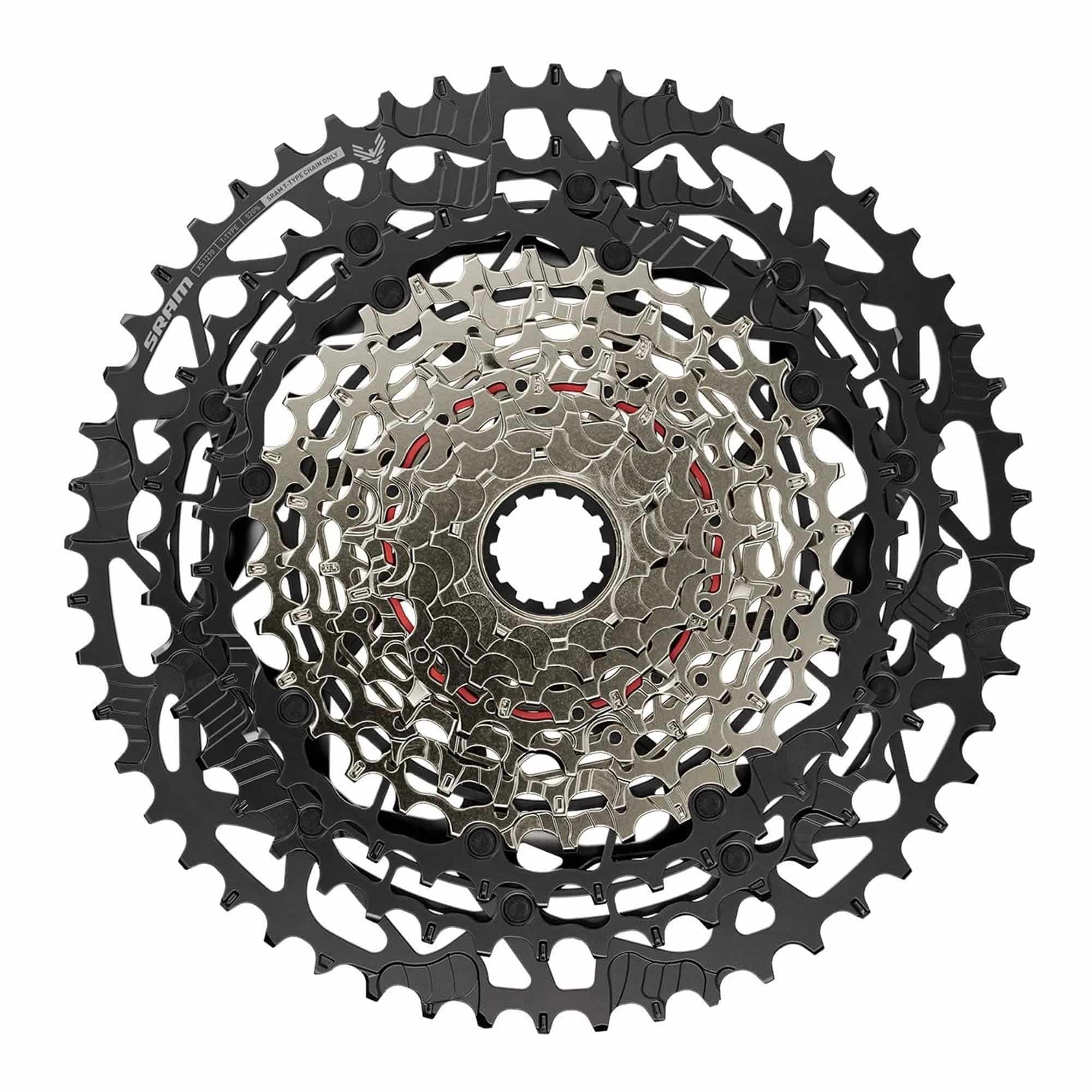 SRAM XS-1270 Eagle 12-speed cassette with 10-52T gearing, black, compatible with HG freehub, for mountain bike components.