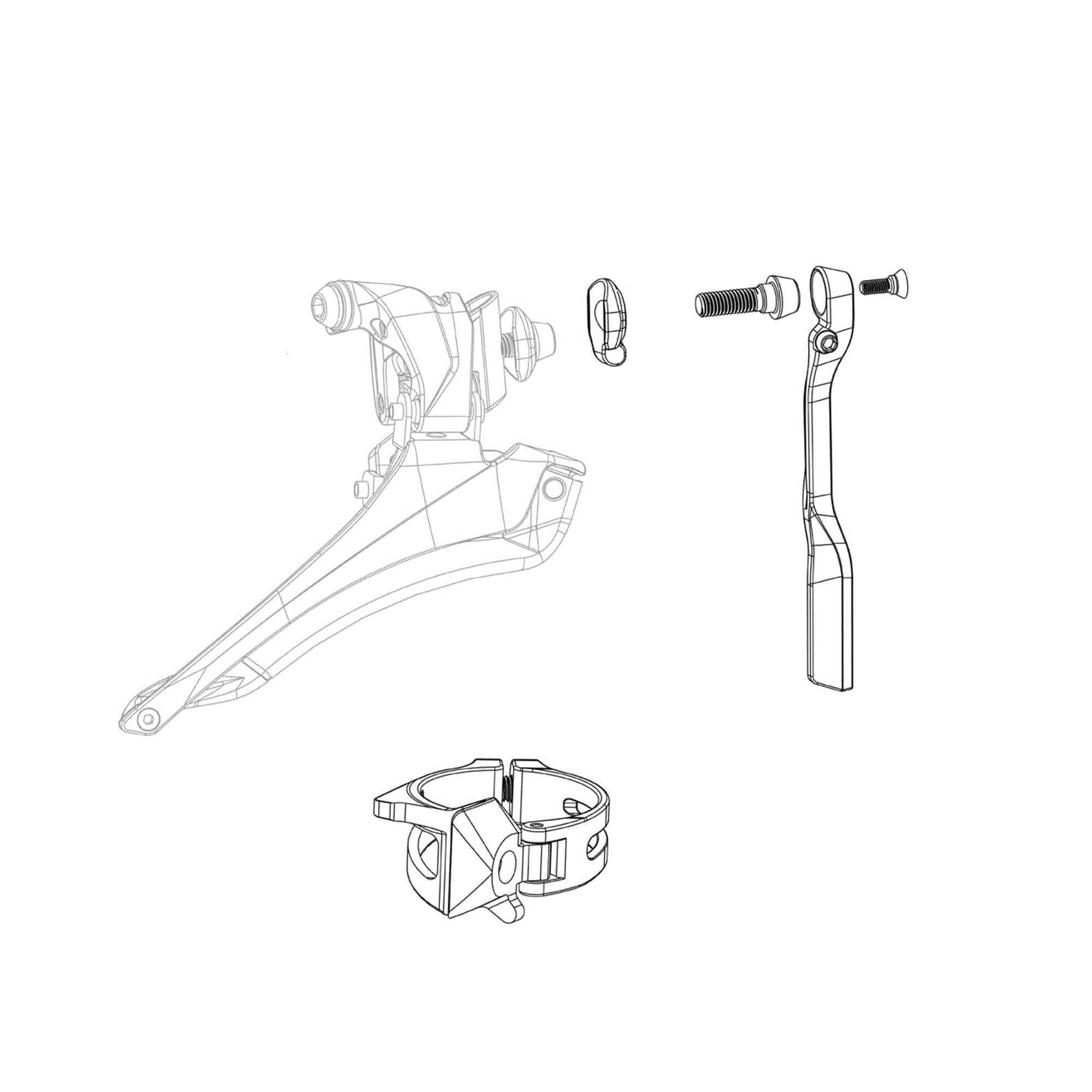 SRAM Force Wide Etap AXS front derailleur spare parts kit showing various components and small hardware pieces.