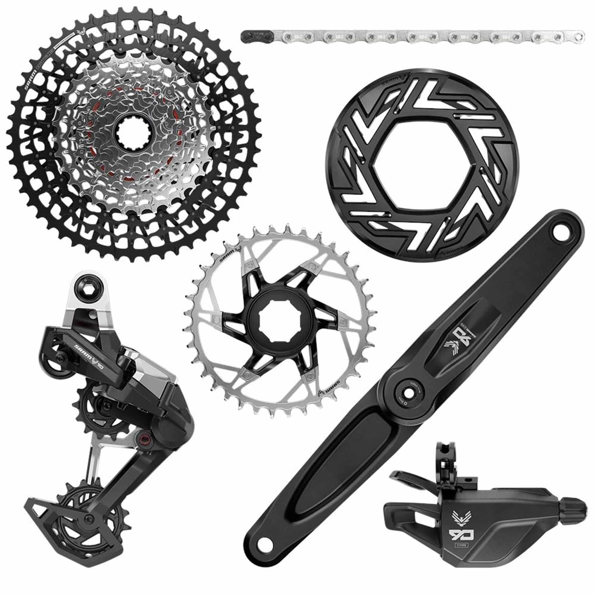 SRAM Eagle 90 eMTB groupset components including 10-52T cassette, GX chain, and 34T chainring for mountain biking.