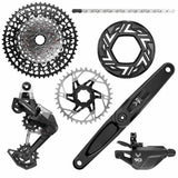 SRAM Eagle 90 eMTB groupset components including 10-52T cassette, GX chain, and 34T chainring for mountain biking.