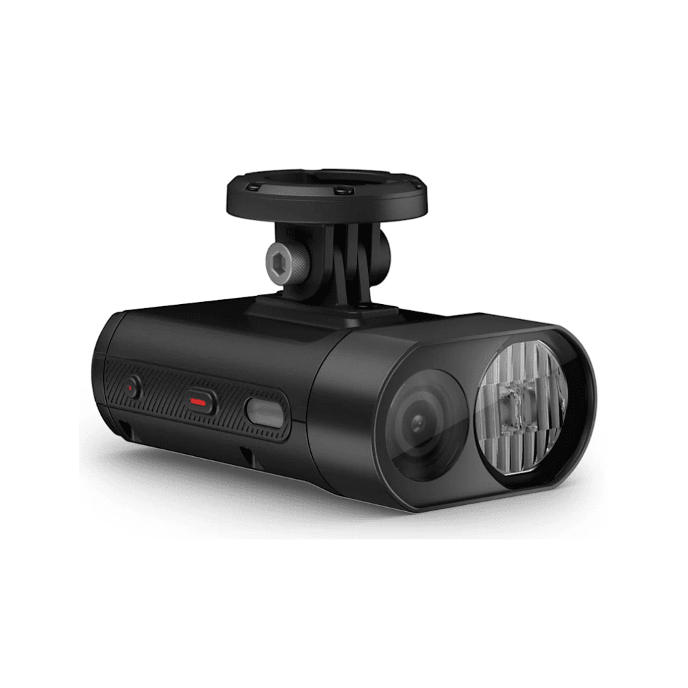 Garmin Varia Vue front cycling camera with 4K video and smart headlight, mounted on a bicycle handlebar.