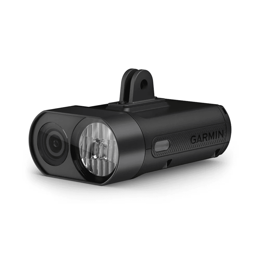 Garmin Varia Vue front cycling camera with 4K video recording and integrated smart headlight, mounted on a bicycle handlebar