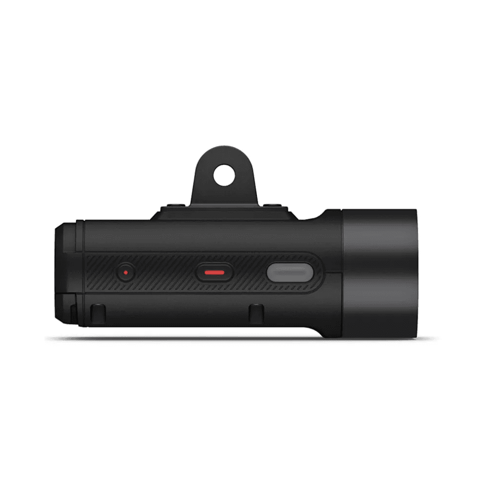 Garmin Varia Vue front cycling camera with 4K video recording and smart headlight, mounted on a bicycle handlebar.