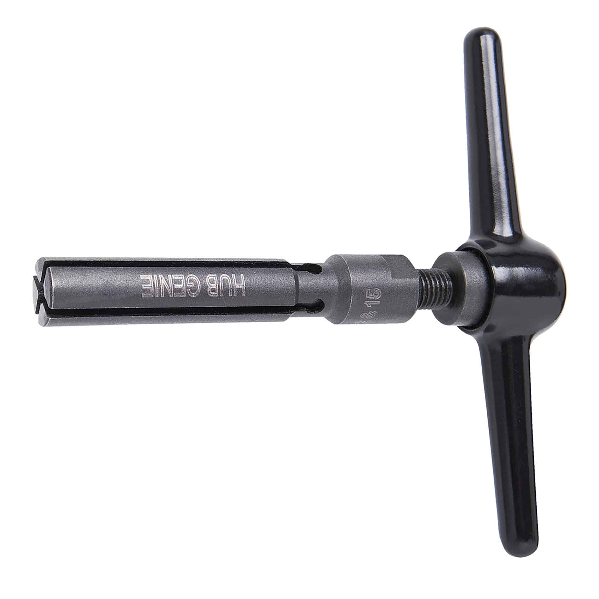 UNIOR Hub Genie workshop tool for easy removal of hub end caps on 12mm, 15mm, and 20mm axles, shown in use.