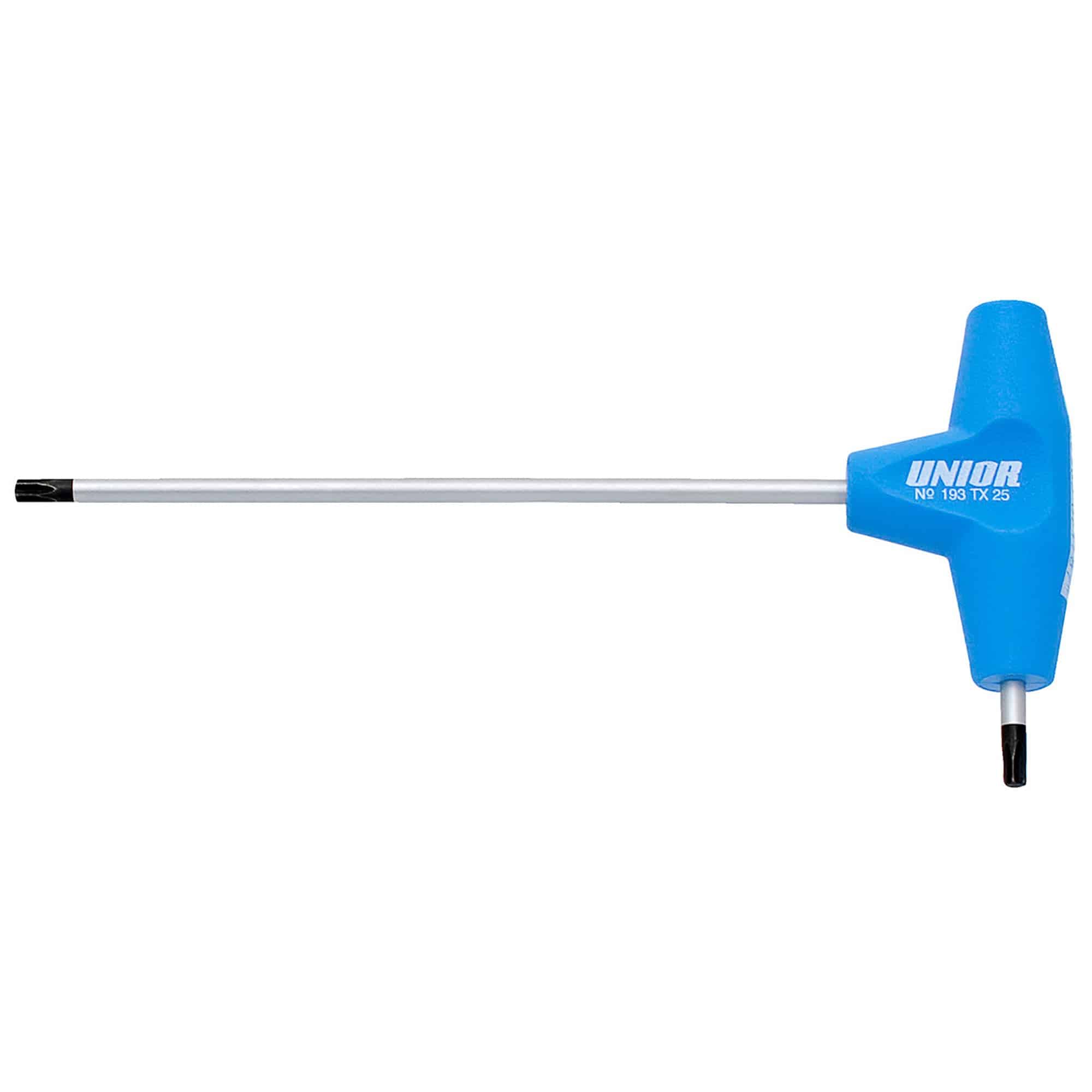 UNIOR Tx Profile screwdriver with ergonomic T-handle for workshop use, showing the tool's handle and shaft in a workshop setting.