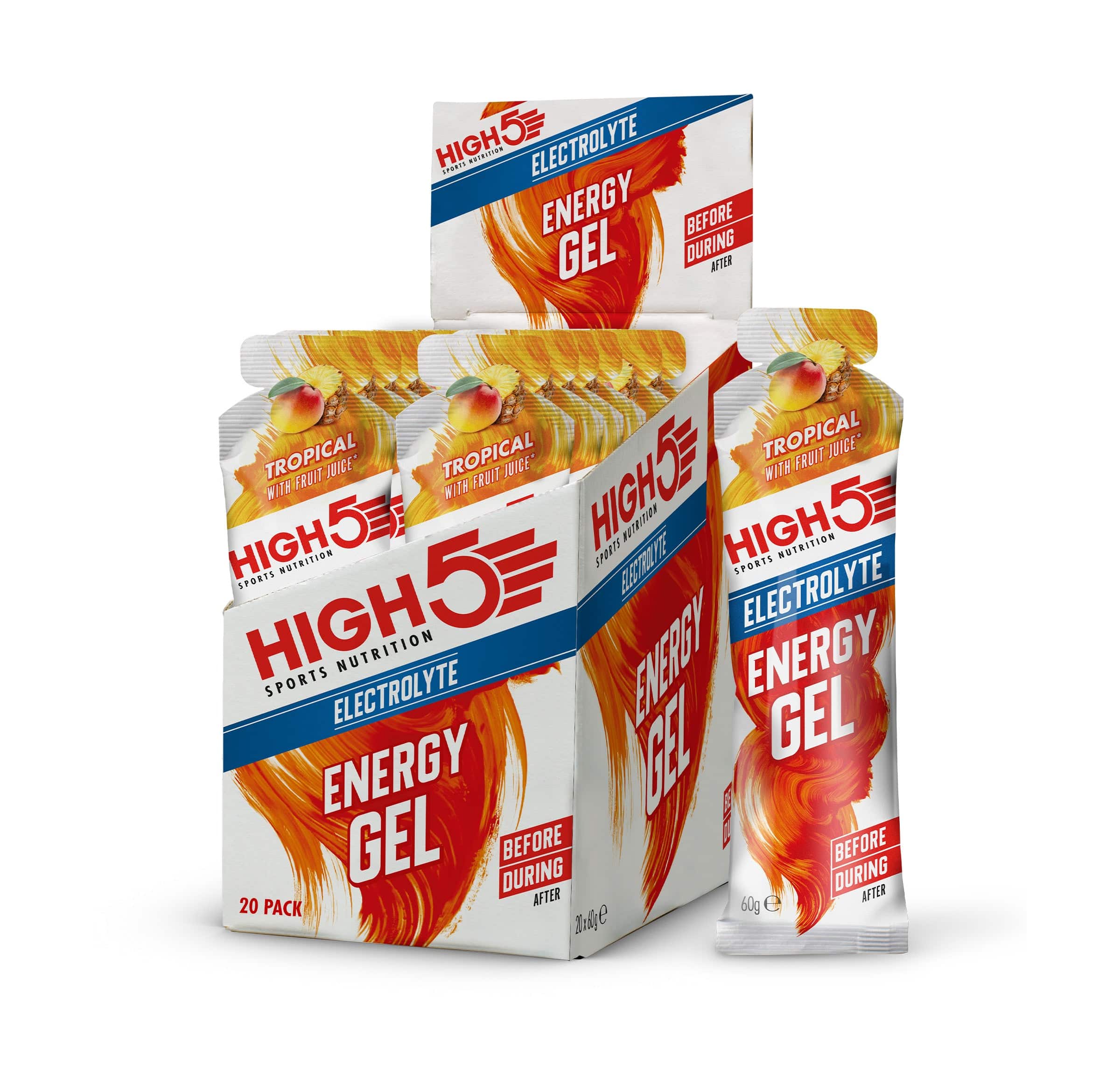 High5 Energy Gel Electrolyte 60g with tropical flavor, designed for endurance athletes, featuring electrolytes for sustained energy.
