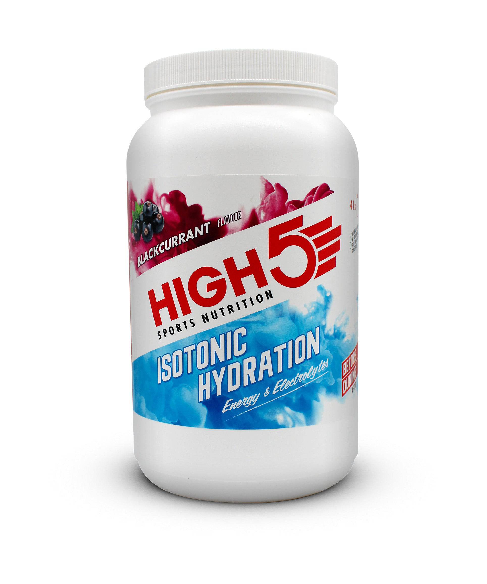 High5 isotonic hydration drink tub in blackcurrant flavor, electrolyte and energy support supplement for exercise.