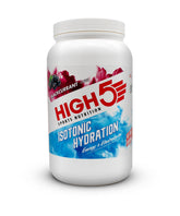 High5 isotonic hydration drink tub in blackcurrant flavor, electrolyte and energy support supplement for exercise.
