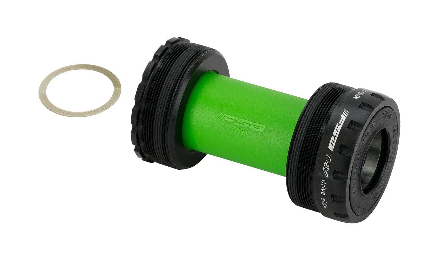 FSA T47 76.75mm road bottom bracket for T47 frames and 24mm Shimano cranks, showing the black metal component for bicycle drivetrain.