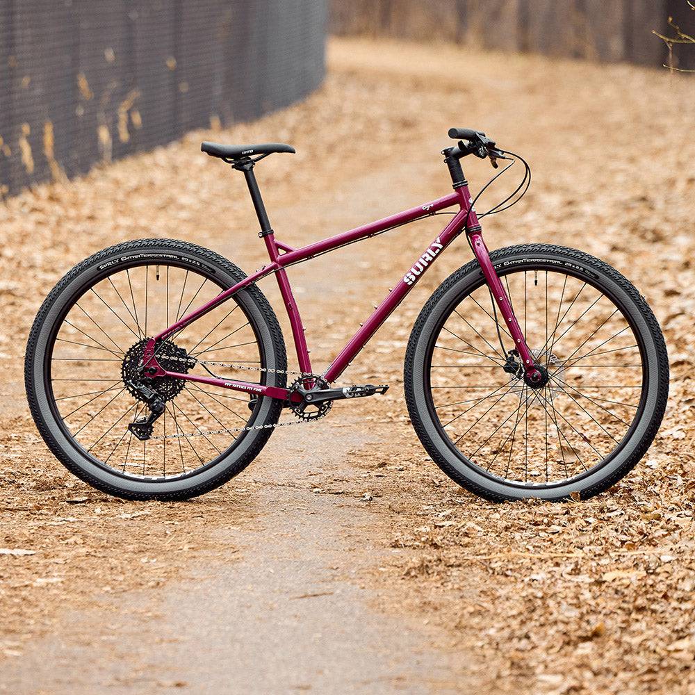 Surly Ogre chromoly steel mountain bike frame for commuting and trail riding, shown in a close-up view with detailed tubing.