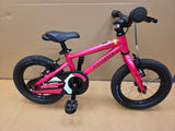 Pink Ridgeback Kids Dimension 14-inch beginner bike, ex-demo model with training wheels and sturdy frame for young cyclists.