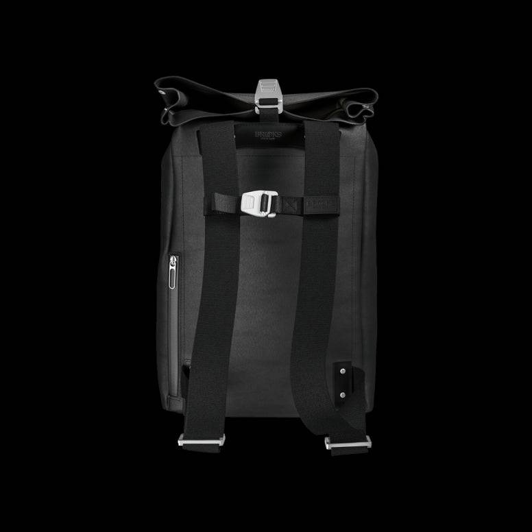 Brooks Pickwick roll-top backpack with laptop sleeve, ideal for urban cycling and commuting, featuring durable accessories and adjustable straps.